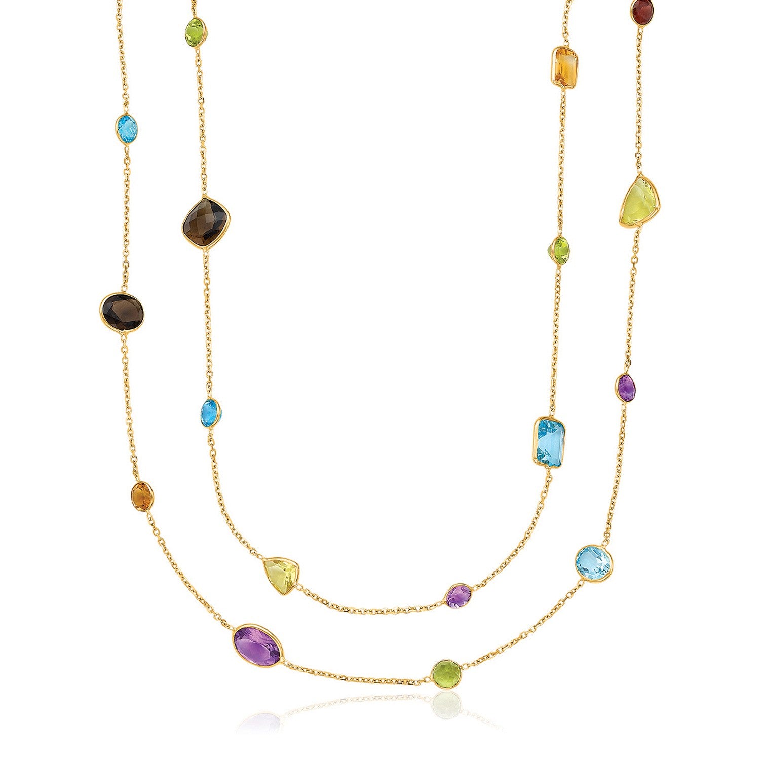 14k Yellow Gold Double Layer Multi Gem Necklace in a sleek high-contrast midnight luxury editorial style